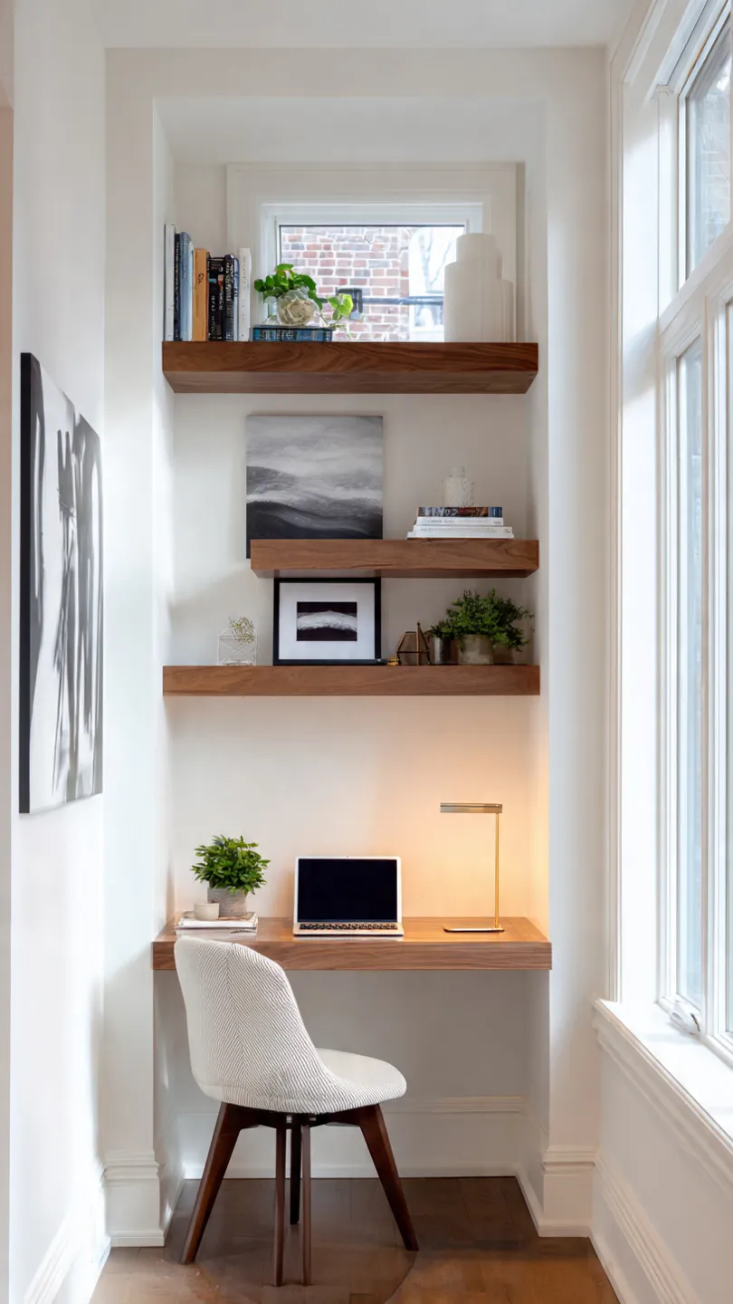Desk In Alcove With Floating Shelves