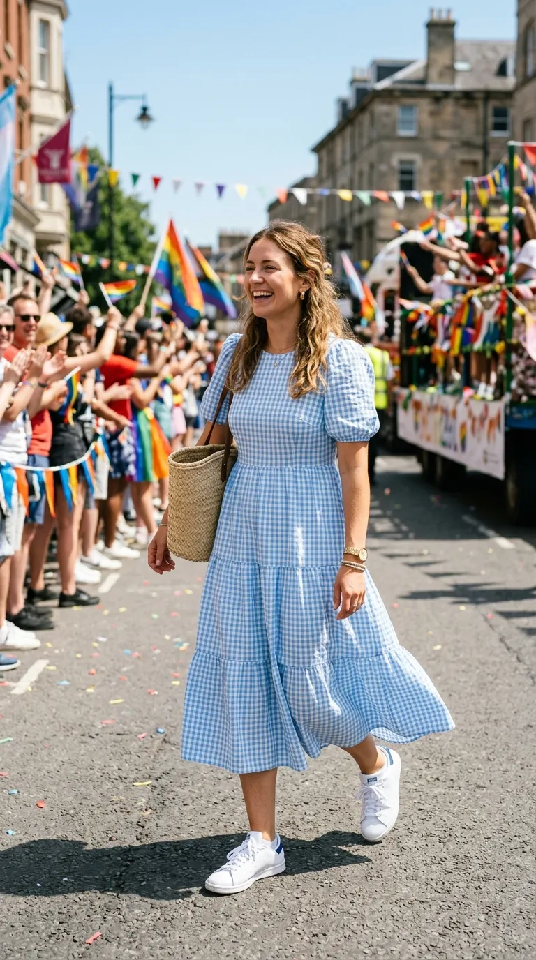 Blue Gingham Midi Dress + White Sneakers