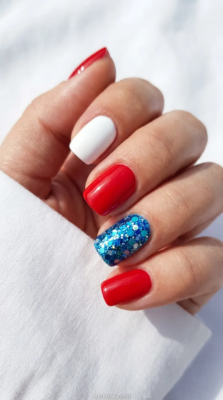 Blue Glitter Accent Nails