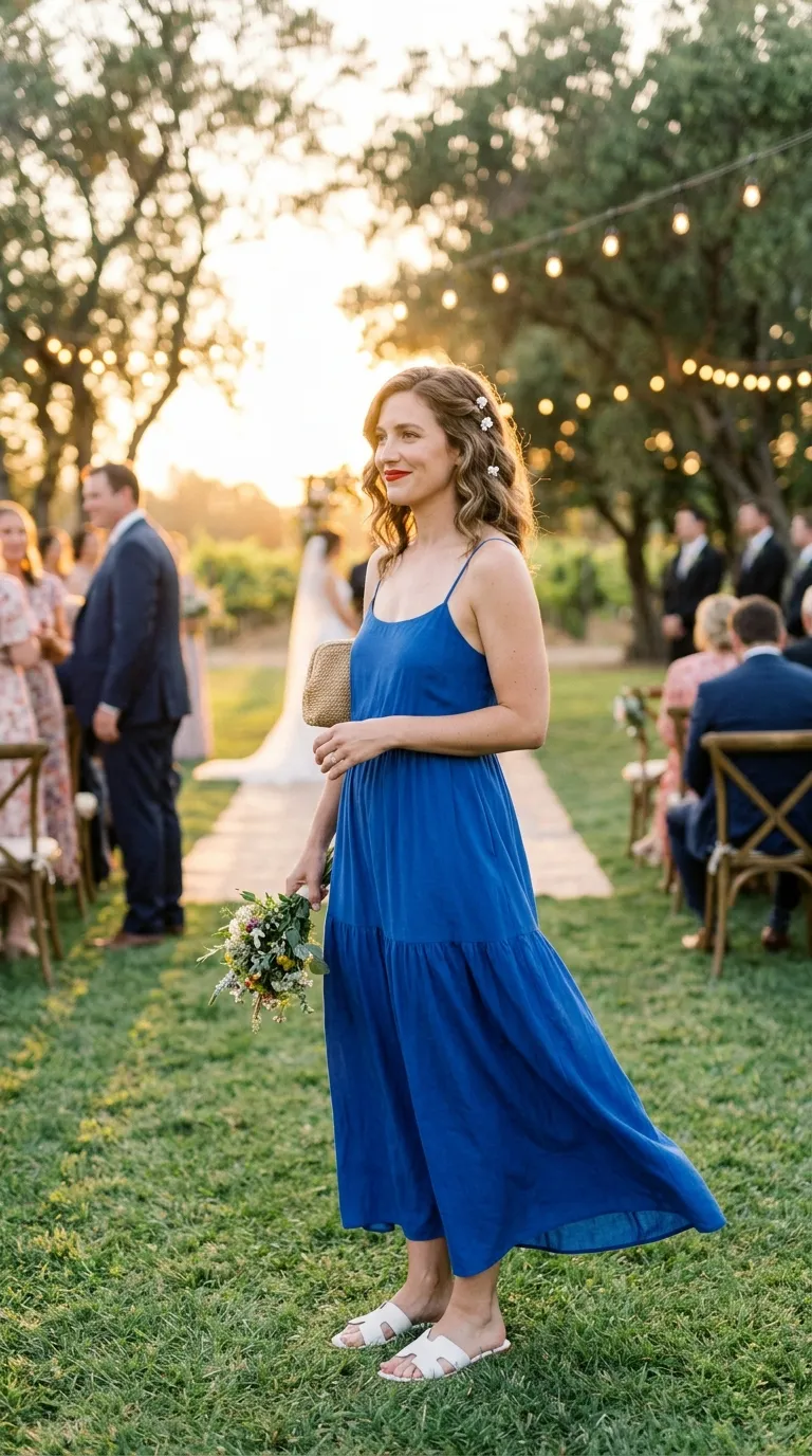 Blue Maxi Sundress + White Sandals + Red Lipstick