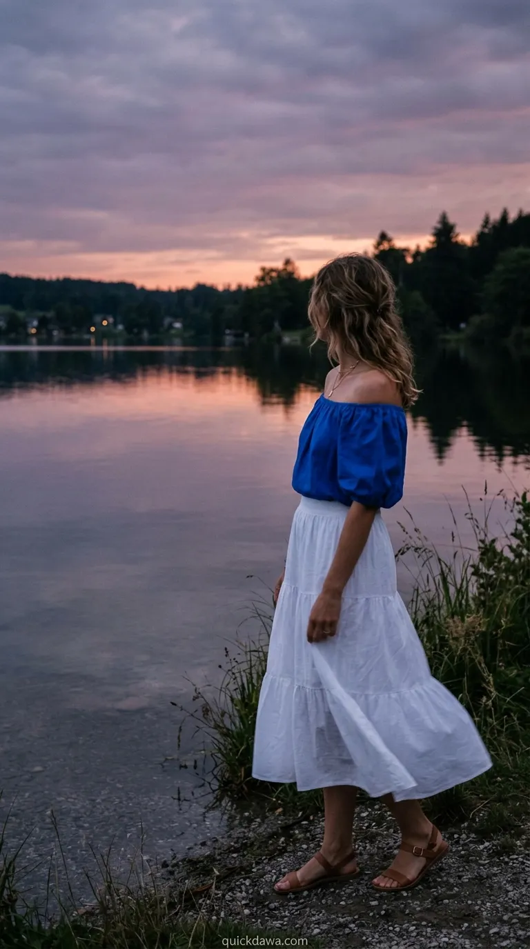 Blue Off-Shoulder Top With White Skirt