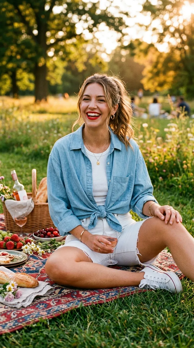 Chambray Button-Up + White Denim Shorts