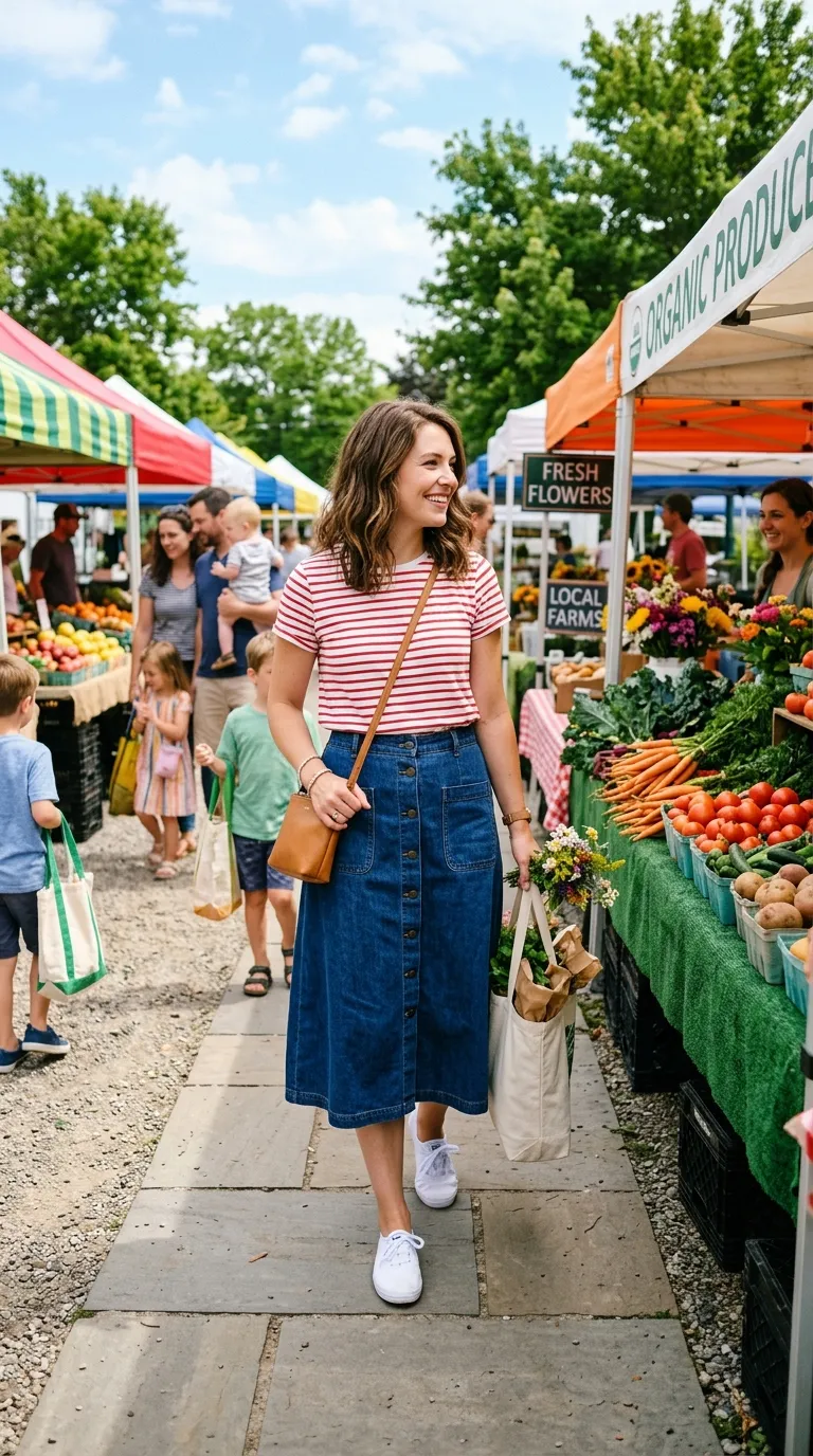 Denim Skirt + Red Striped Tee + White Sneakers