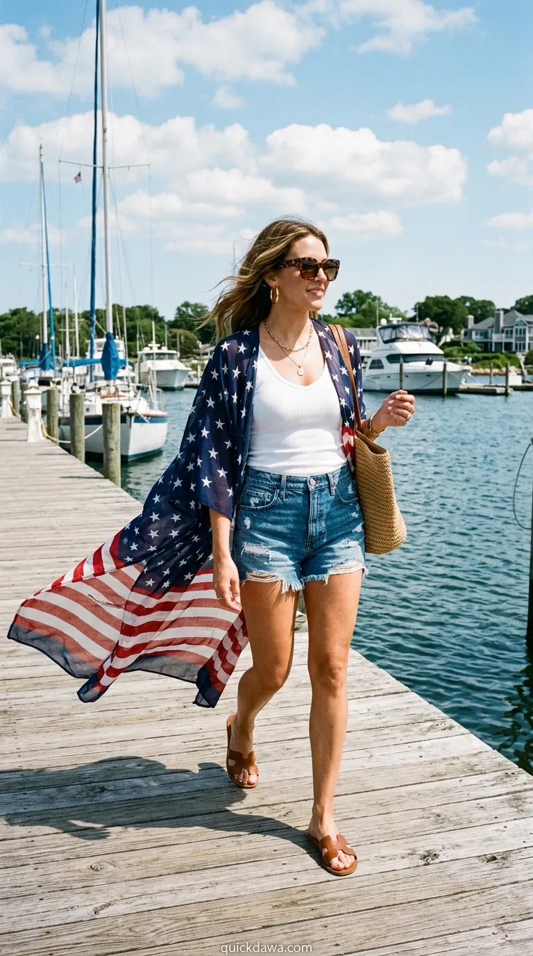 Flag Print Cover-Up With Denim Cutoffs