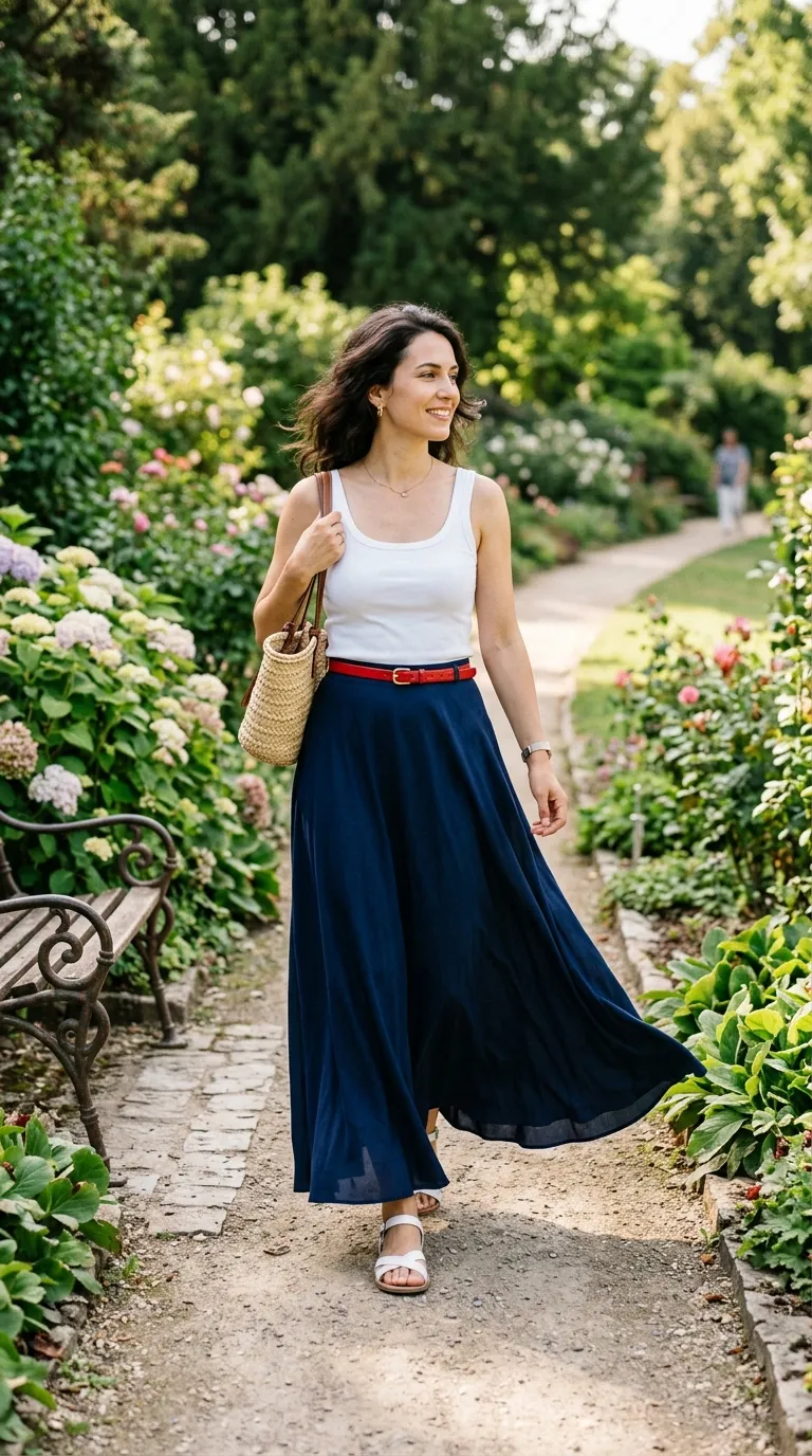 Navy Maxi Skirt + White Tank + Red Belt