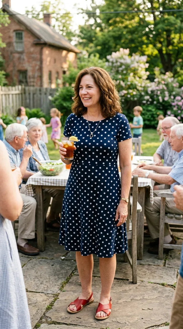 Navy Polka Dot Dress + Red Sandals
