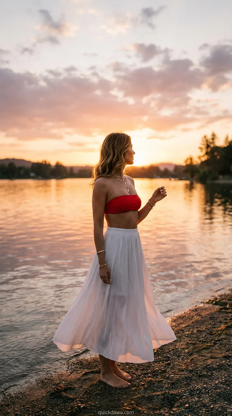 Red Bandeau With White Maxi Skirt