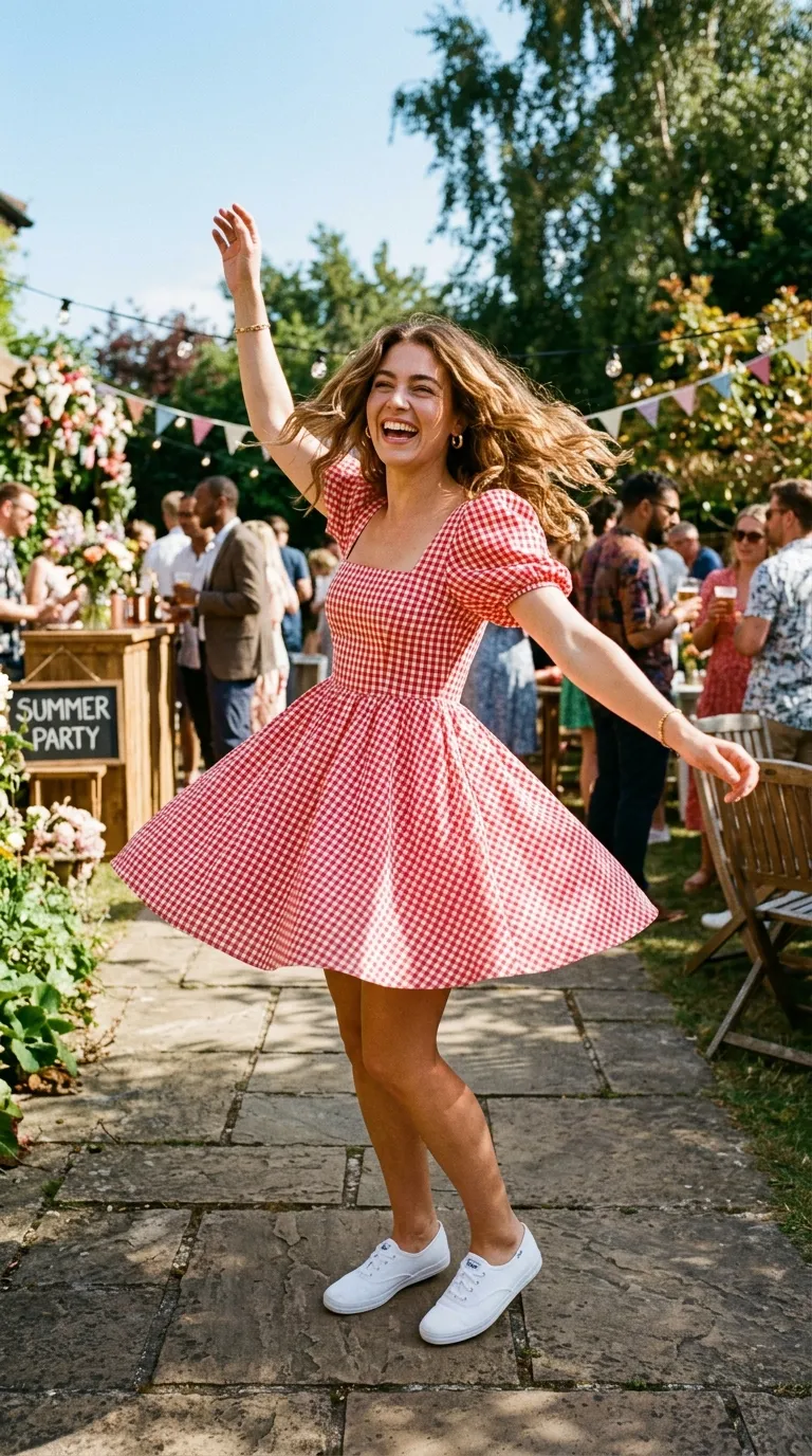 Red Gingham Mini Dress + White Sneakers