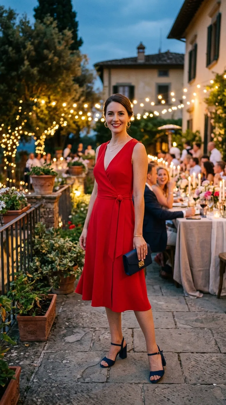 Red Wrap Dress + Navy Sandals