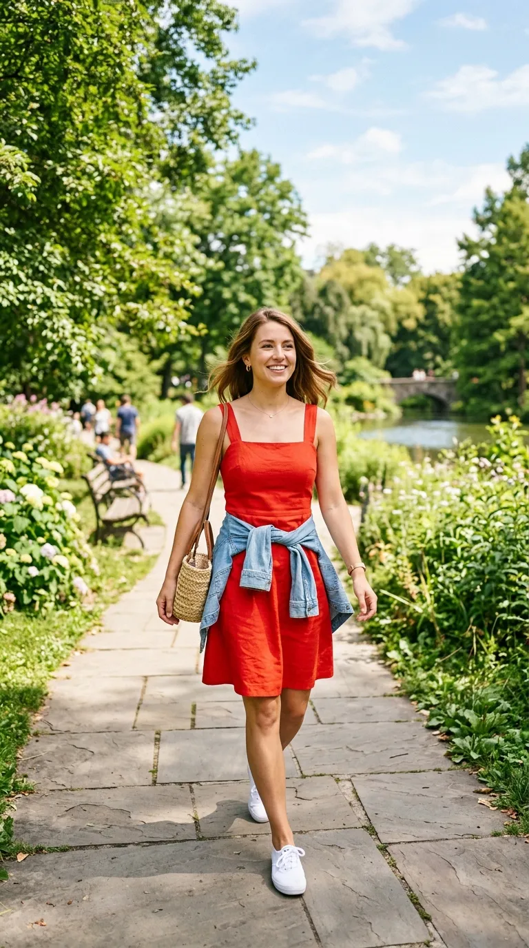 Solid Red Sundress + White Sneakers