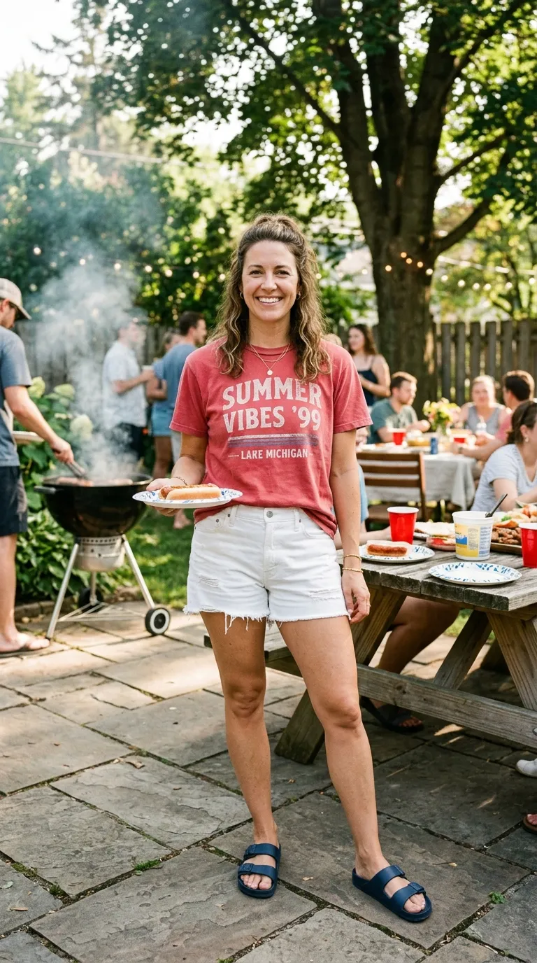 White Denim Shorts + Vintage Red Tee + Navy Sandals