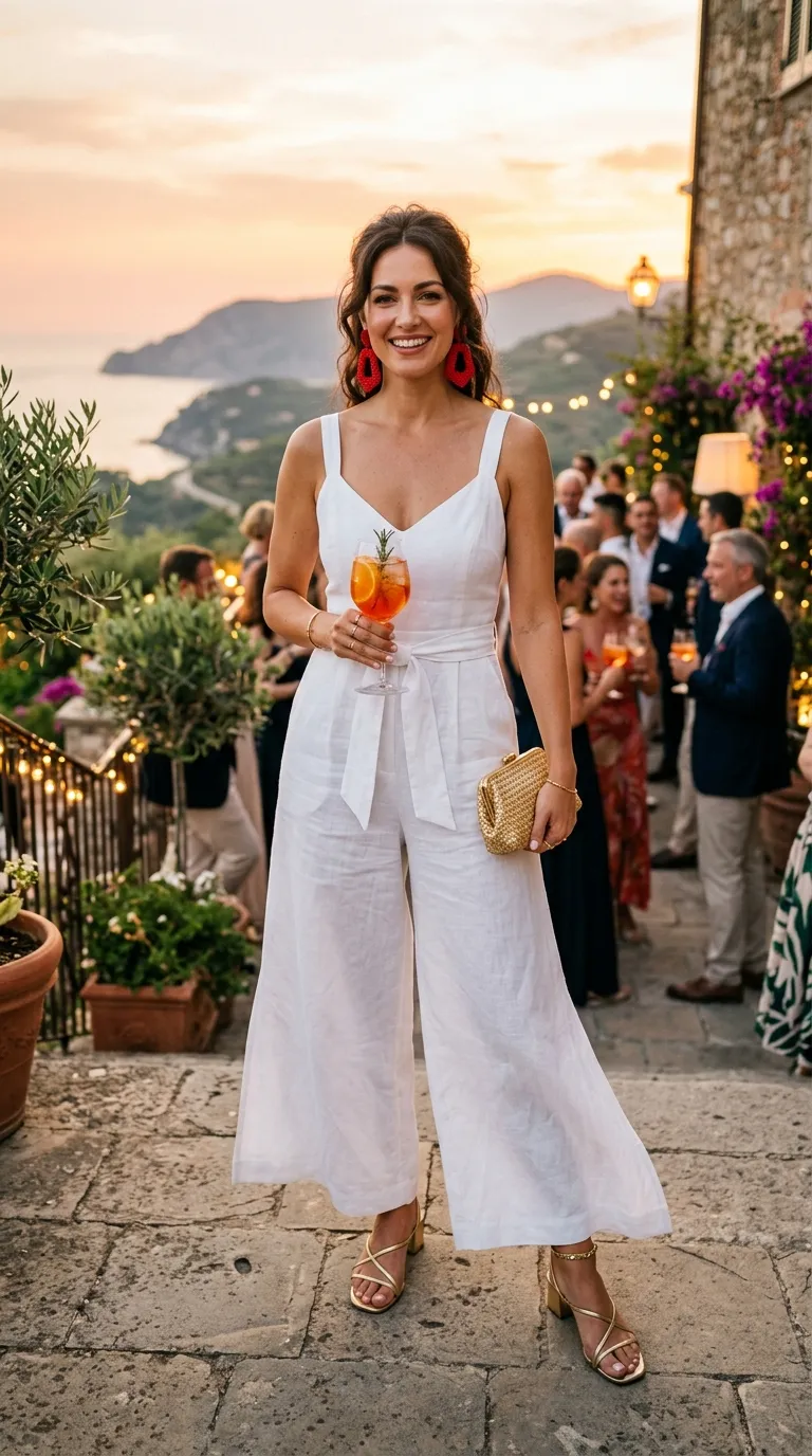 White Linen Jumpsuit + Red Statement Earrings + Gold Sandals