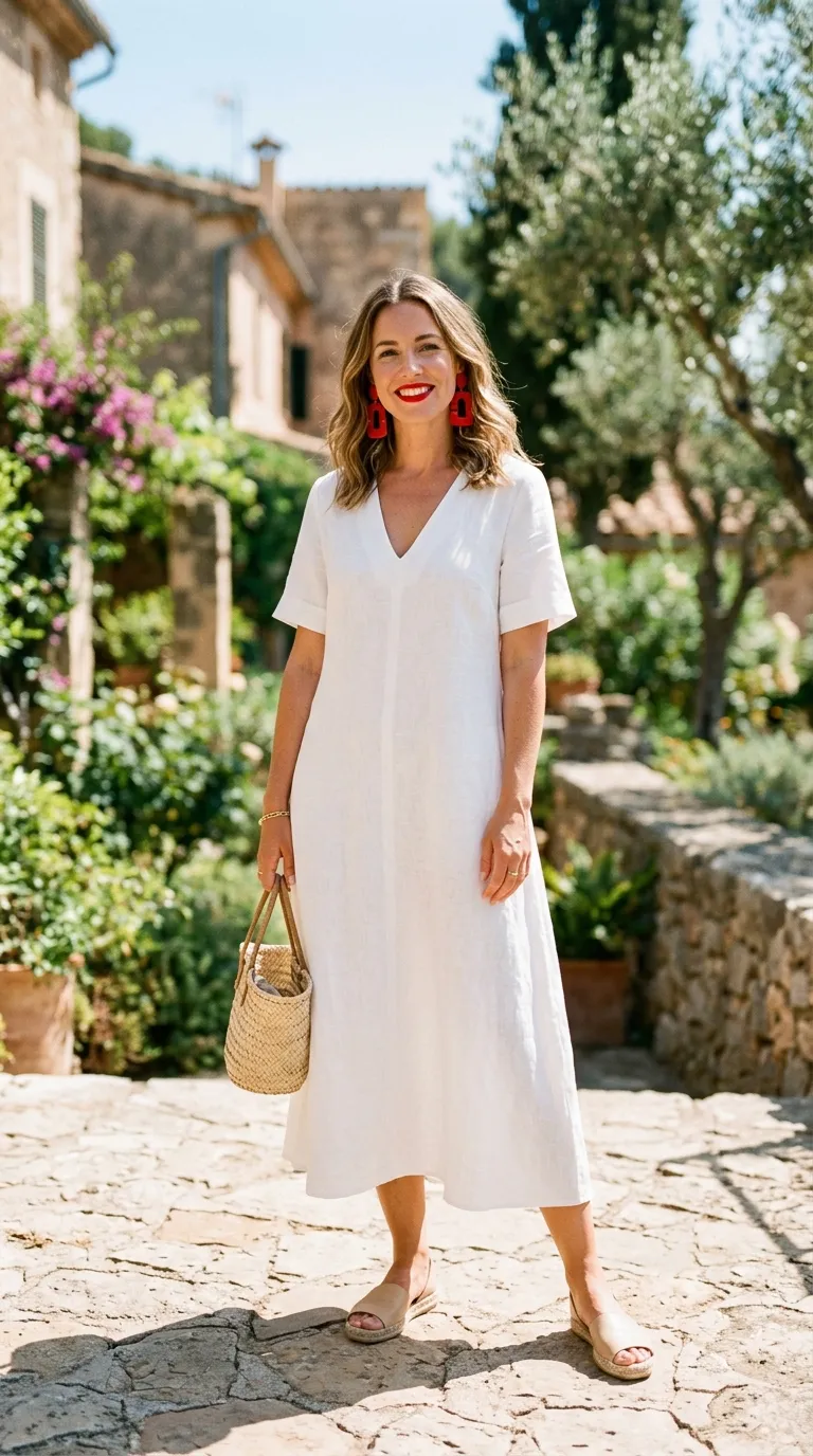 White Linen Midi Dress + Red Lipstick + Statement Earrings