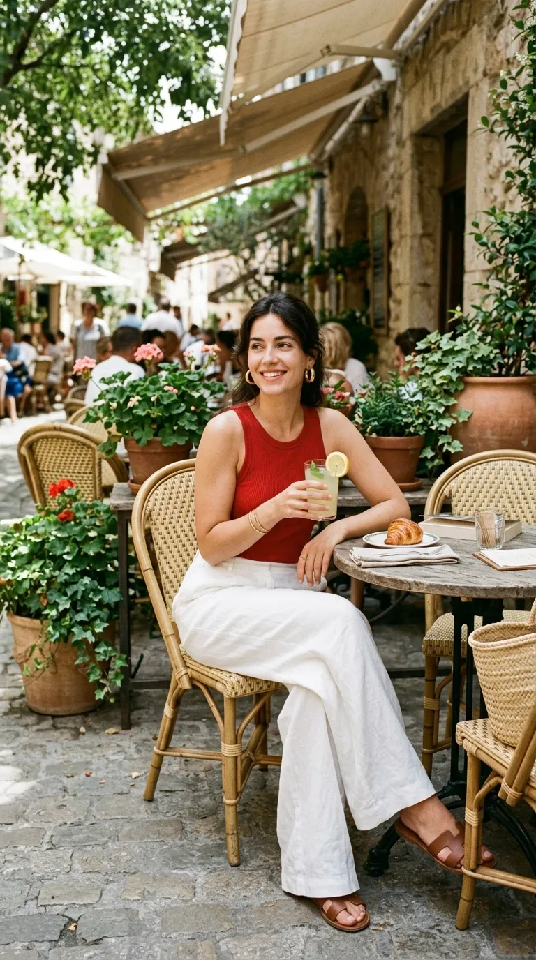 White Linen Pants + Red Tank + Gold Hoops