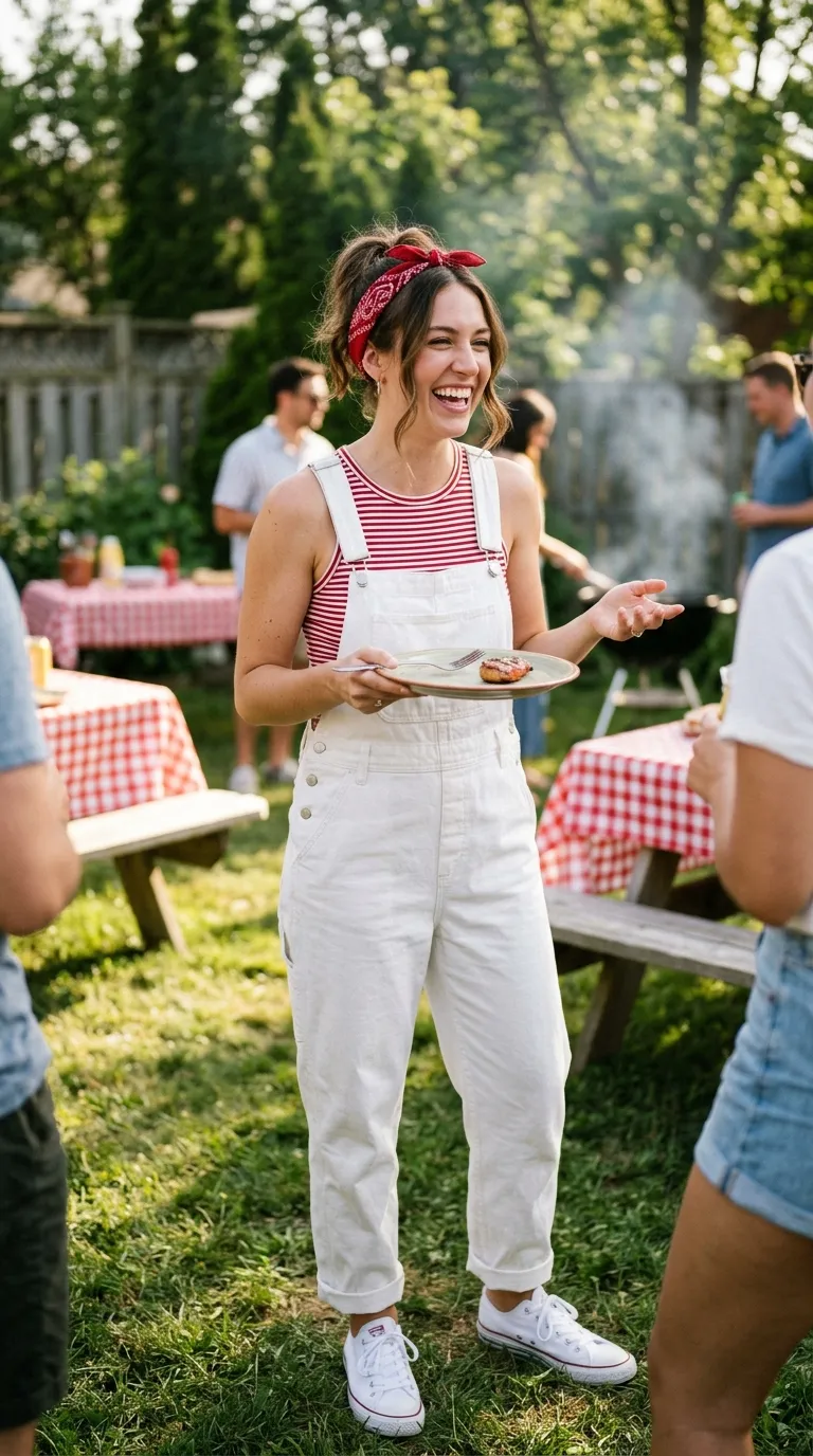 White Overalls + Red Bandana + White Sneakers