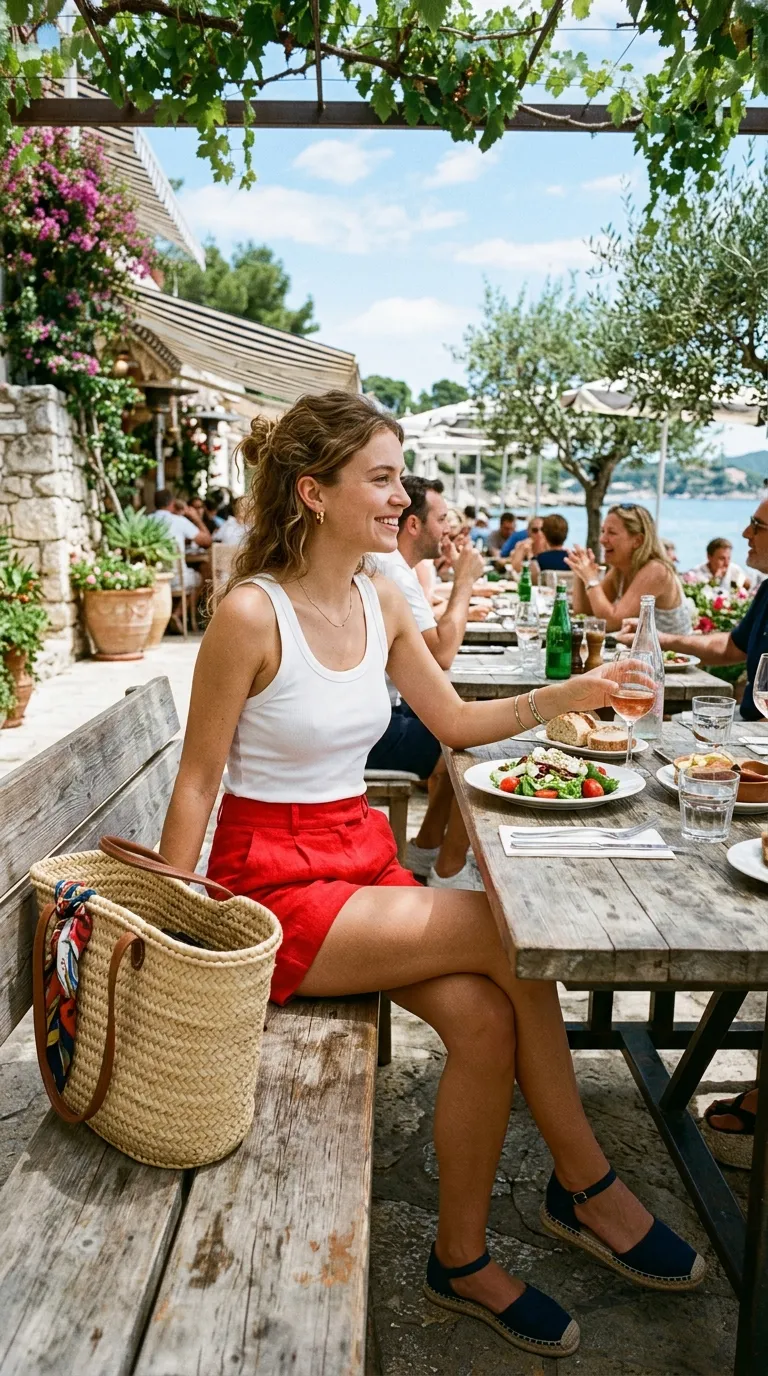 White Tank + Red Linen Shorts + Navy Espadrilles