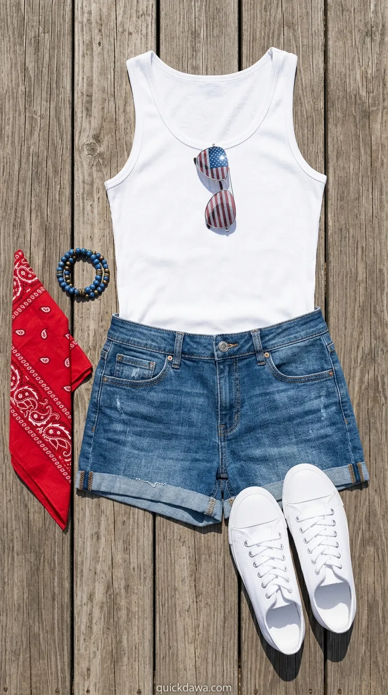 White Tank and Denim Shorts