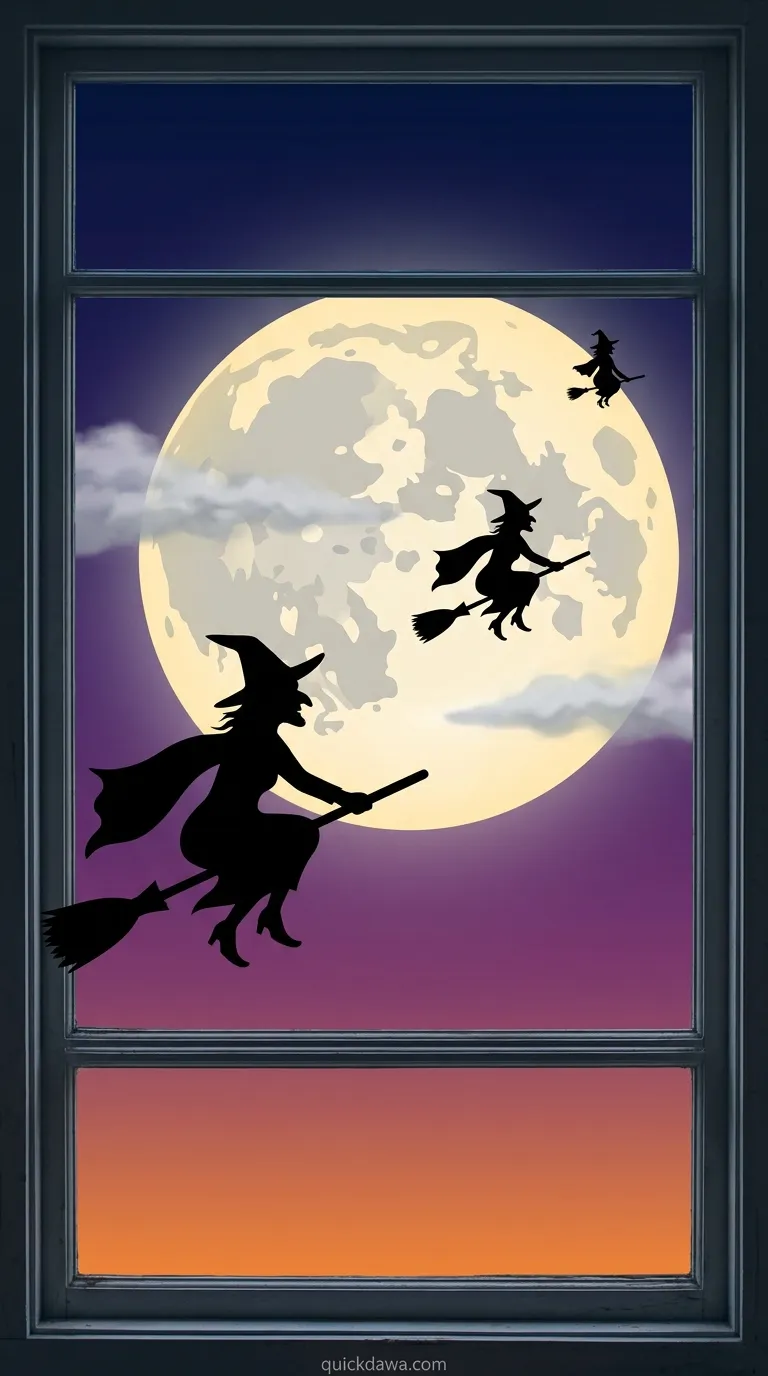 Witches Flying Across the Moon