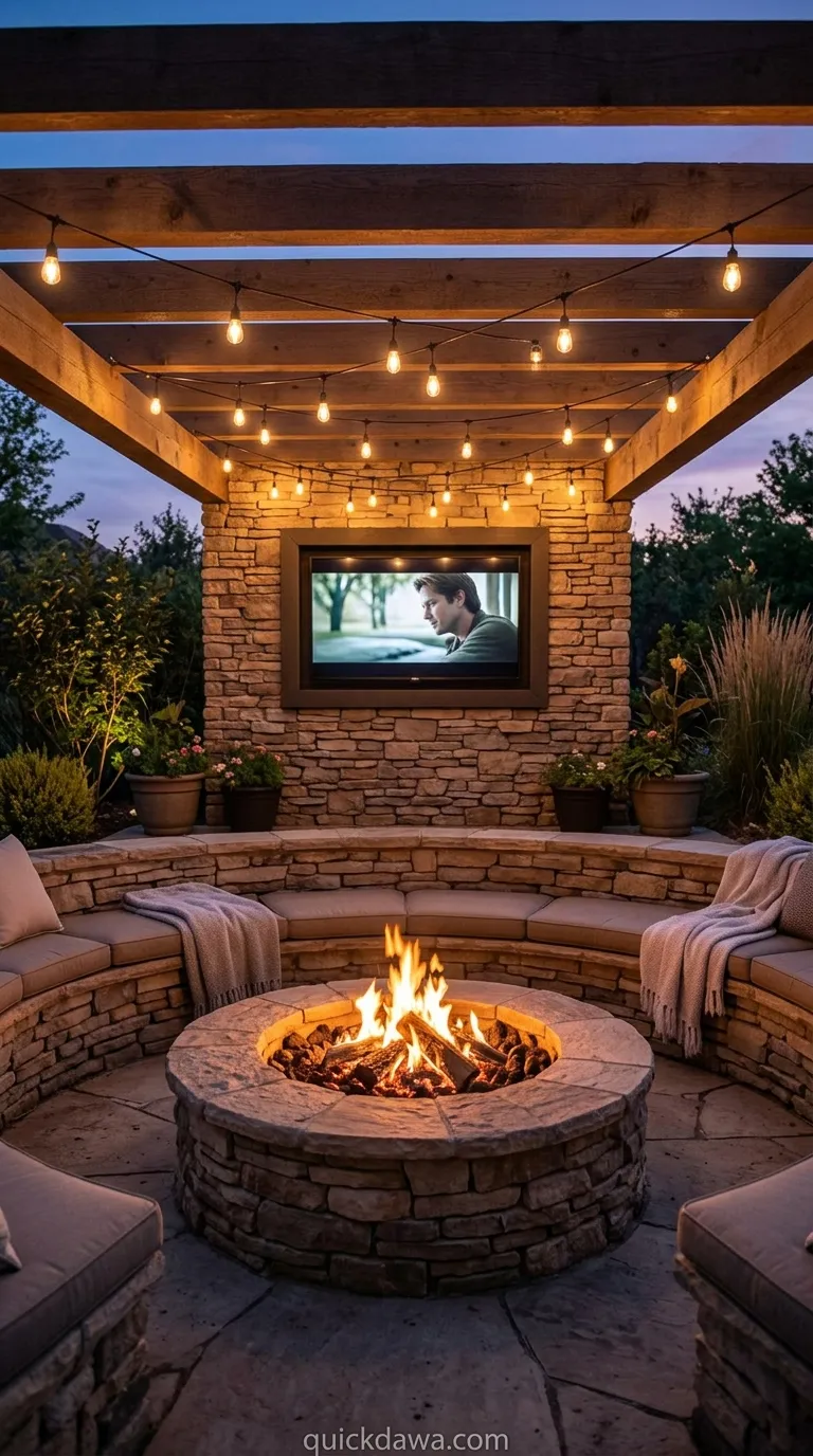 Built-In Stone Fire Pit with Mounted TV