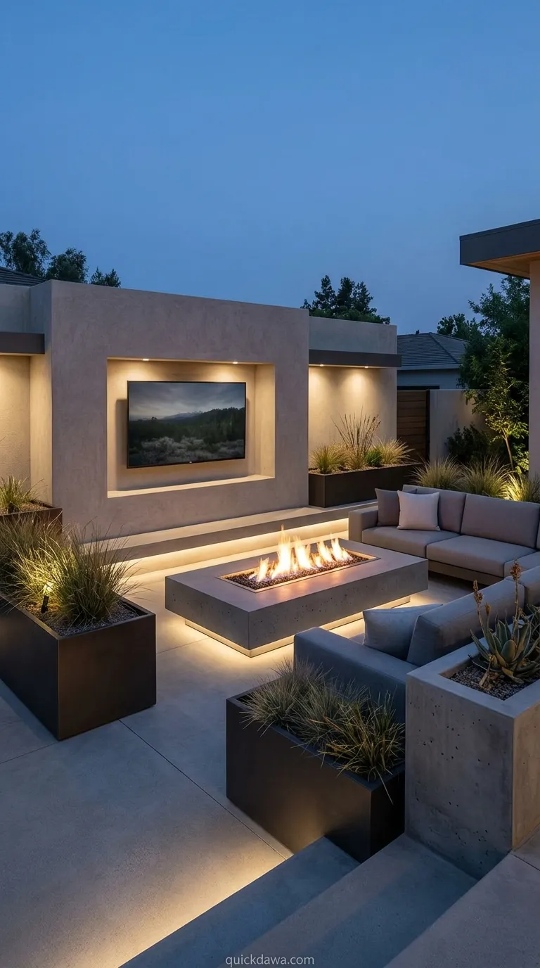 Modern Linear Fire Pit with TV Nook