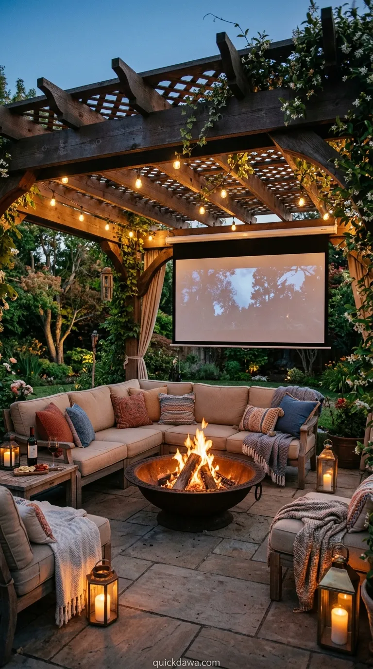 Pergola Fire Lounge with Overhead Screen