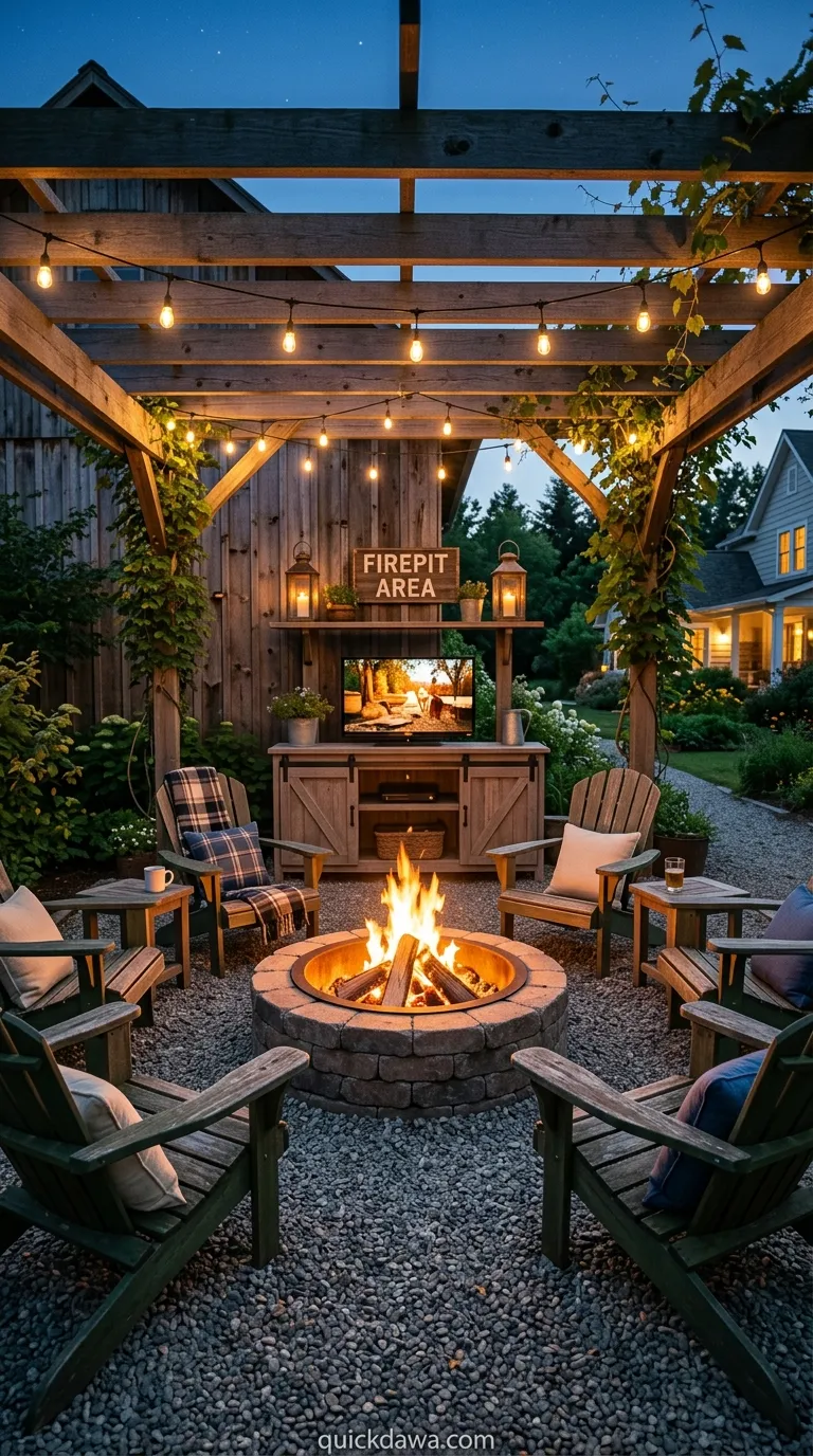 Rustic Fire Ring with Barn Door TV Cabinet
