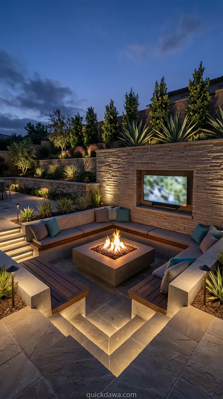 Sunken Fire Pit with Elevated TV Wall