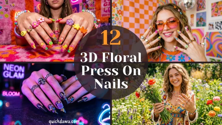 12 3D Floral Press On Nails – Cute & Reusable